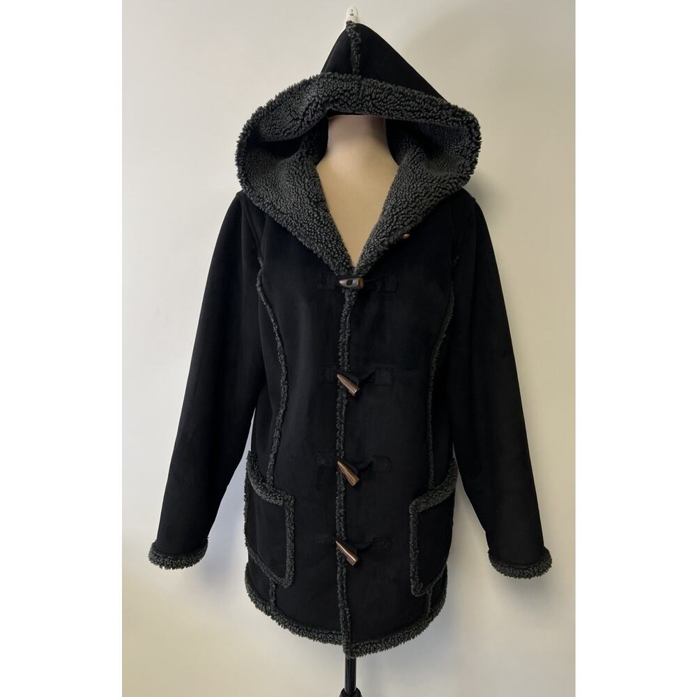LL Bean Y2K Penny Lane Coat Faux Suede‎ Sherpa Toggle Buttons Hood Sz L NWOT